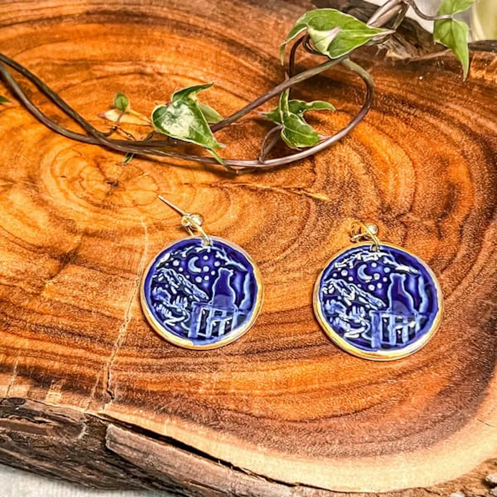 Wolf and clay the cat and the moon - porcelain earrings
