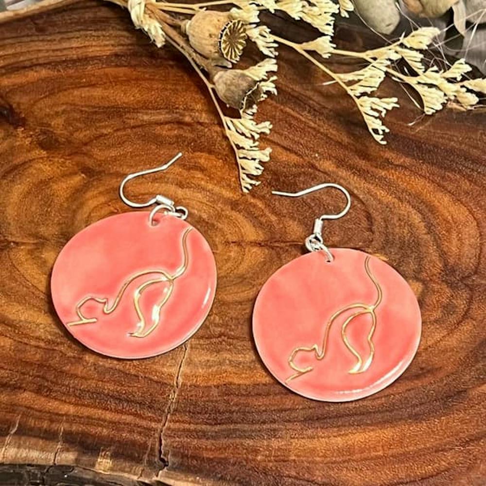 Wolf and clay cat in gold porcelain earrings