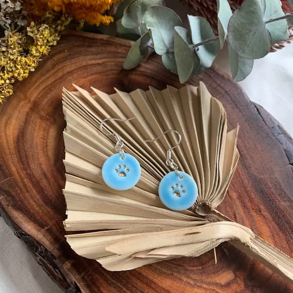 Wolf and clay paw print porcelain dangle earrings