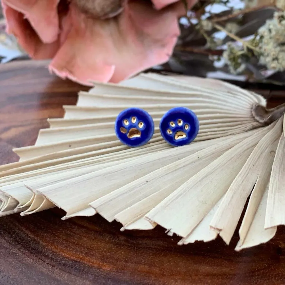 Wolf and clay paw print porcelain stud earrings