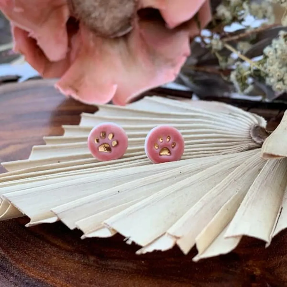 Wolf and clay paw print porcelain stud earrings