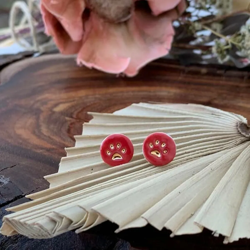 Wolf and clay paw print porcelain stud earrings