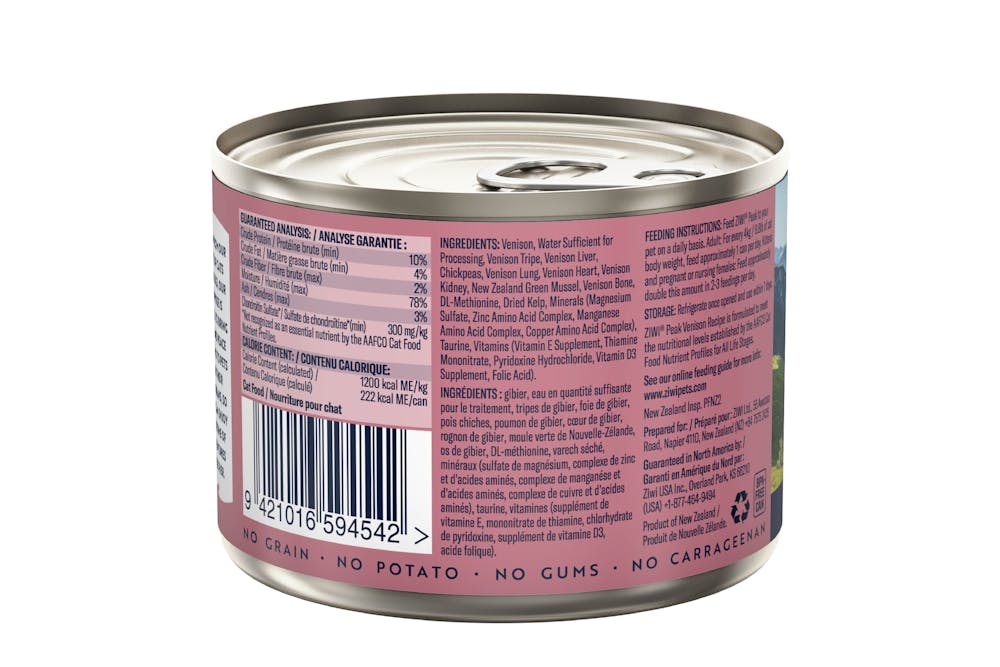 Ziwi peak wet venison recipe for cats 185g back of can