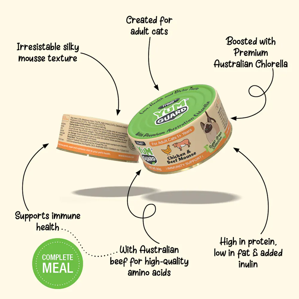 Australian grass fed beef and chlorella ingredients in yumguard cat food