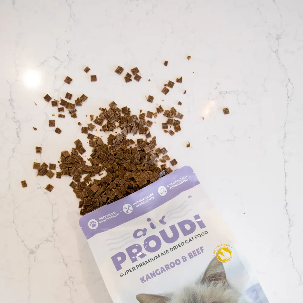 Close up of air dried kangaroo and beef cat food texture